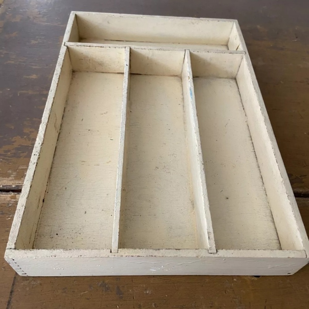 Antique Vintage Cream Wooden Utensil Tray Divider